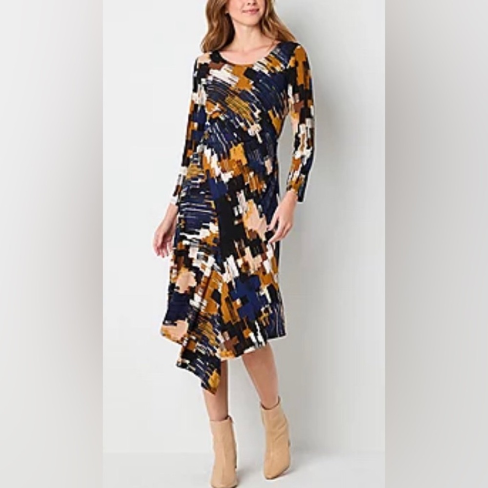 NEW Robbie Bee Long Sleeve Abstract Midi Fit + Flare Dre